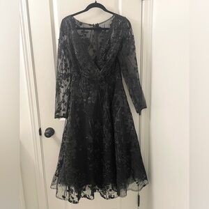 Mac Duggal Sheer Mesh Beaded Floral Embellished Tea Length Long Sleeve Dress 4